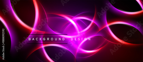 Abstract neon light shapes overlap, creating vibrant purple, pink, red glow. Background features text background design. Dark space surrounds bright elements.