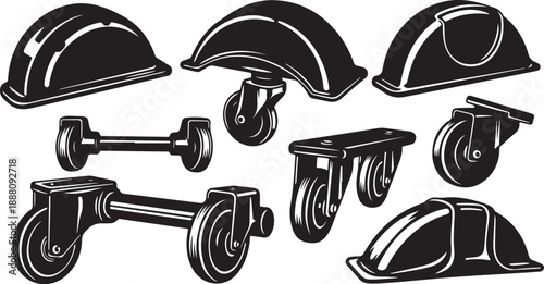 Black and white illustration of construction tools and scooters
