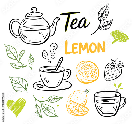 A charming sketch of tea elements including a teapot lemon and strawberry