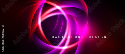 Abstract neon swirls, vibrant reds, purples, pinks over black background. Modern design element, dynamic energy radiates.
