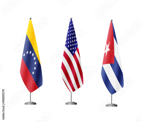 Three cone shaped flags on poles, Venezuela, United States, Cuba, isolated on a transparent background