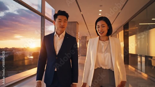 Diverse Business Colleagues Walk and Talk in Modern Office Hallway During Golden Hour Sunset With Cityscape View Through Large Windows