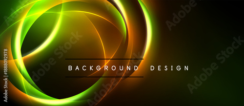 Abstract neon lines create dynamic circular shapes. Dark background emphasizes bright glowing curves, modern design element.