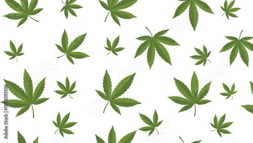 Seamless pattern of green cannabis leaves on a white background, representing nature, growth, and organic elements in a repeating visual design for various applications.