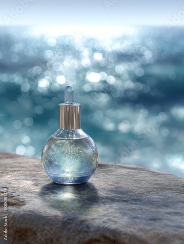 Wallpaper Mural Glowing Serum Bottle on Stone Slab with Stunning Ocean Refraction Torontodigital.ca