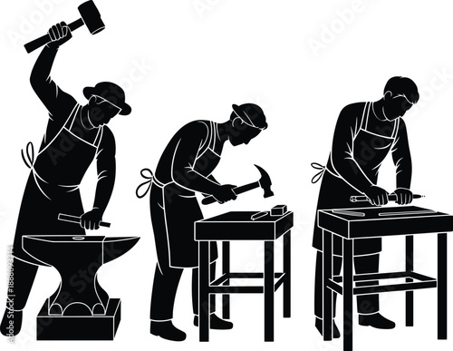Blacksmith and carpenter silhouette illustration set, craftsmen working with hammer and tools, traditional workshop labor concept for industry, metalwork and woodworking design.