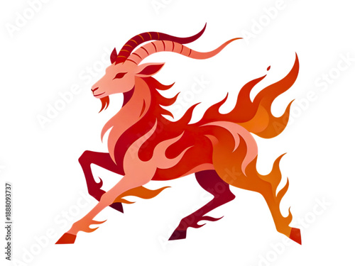 Fire goat — symbol of the year, vector illustration in flat style, red-orange flame on a black background