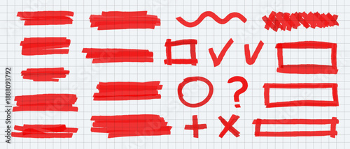 Highlighting red felt tip marker line set, marker strokes with brush lines, Hand drawn underlines, crosses and wavy accents, Doodle highlight lines for notes.