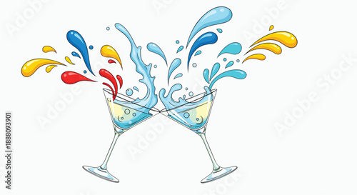 Two martini glasses clinking in a celebratory toast with a vibrant and colorful splash of liquid erupting from the glasses.