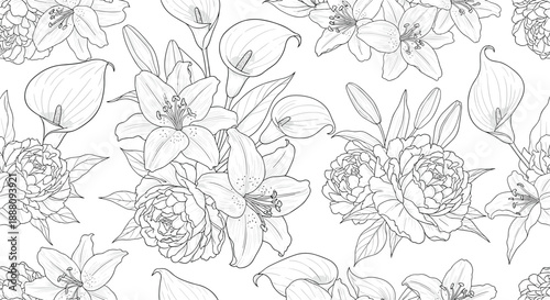 An elegant seamless floral pattern featuring detailed line art illustrations of lily peony and calla lily flowers on white.