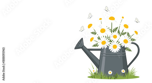 A charming illustration of a rustic watering can filled with a beautiful bouquet of daisies with butterflies fluttering around it.