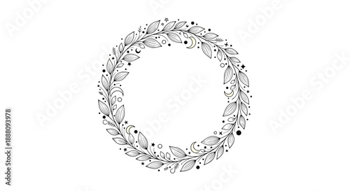 A delicate and magical hand-drawn wreath of leaves decorated with tiny crescent moons and stars in a beautiful celestial design.