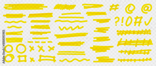 Highlighting yellow felt tip marker line set, marker strokes with brush lines, Hand drawn underlines, crosses and wavy accents, Doodle highlight lines for notes.