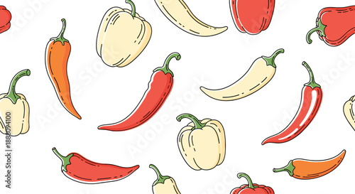 Seamless pattern of colorful hand-drawn bell peppers and chili peppers creating a vibrant and spicy vegetable background.