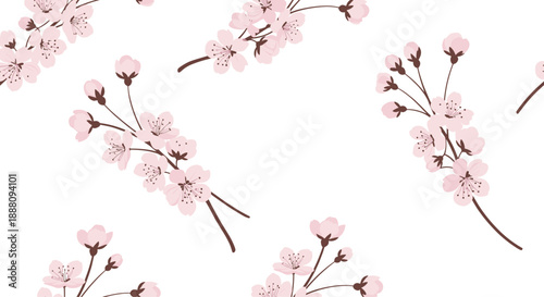 Delicate seamless pattern of pink cherry blossom branches symbolizing spring and renewal on an isolated white background.