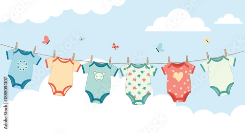 Cute colorful baby onesies and bodysuits hanging on a clothesline to dry under a blue sky with clouds and butterflies.
