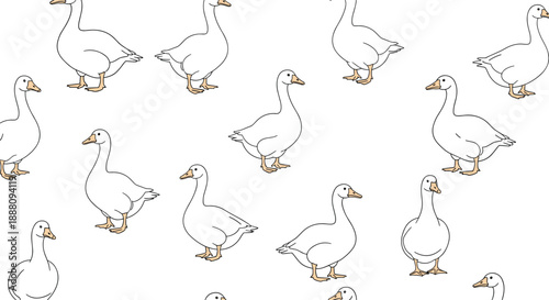 Seamless repeating pattern of cute white domestic geese walking in various poses on a simple isolated white background.