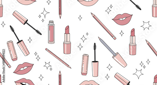 Seamless pattern of various pink makeup products including lipstick mascara and lip gloss on a white background with stars.