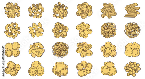 Large collection of various types of uncooked Italian pasta shapes in a hand-drawn style on a white background.