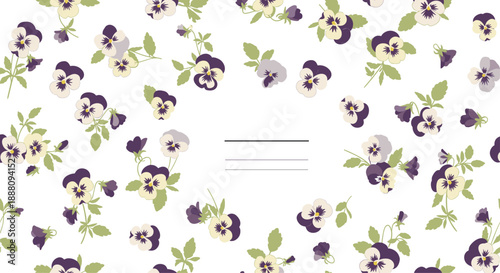 Elegant floral background with scattered purple and white pansy flowers with a blank label for text in the center.