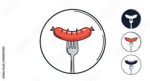 A set of icons showing a cooked sausage on a fork presented in a circle with color and monochrome variations.