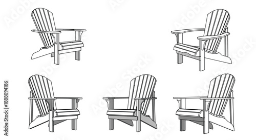A set of Adirondack chairs shown from multiple angles in a clean black and white line art vector illustration.