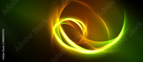 Abstract swirls, vibrant colors blend. Green, orange, yellow create dynamic energy, flowing forms. Dark background emphasizes luminosity.