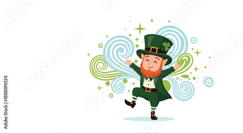 A happy cartoon leprechaun with a red beard dancing joyfully with green swirls and sparkles in the background.
