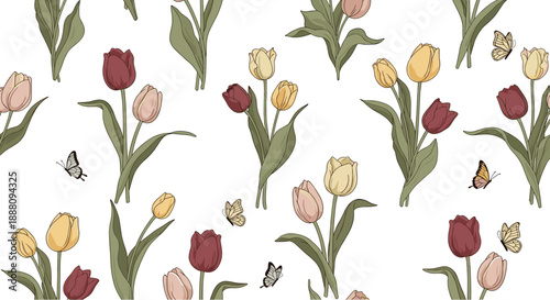 A delicate seamless spring pattern of colorful tulips in pink yellow and red with fluttering butterflies on white.