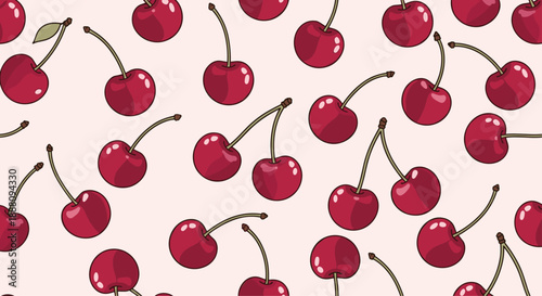 A vibrant seamless pattern of ripe red cherries with stems scattered on a soft pink background for a summer design.
