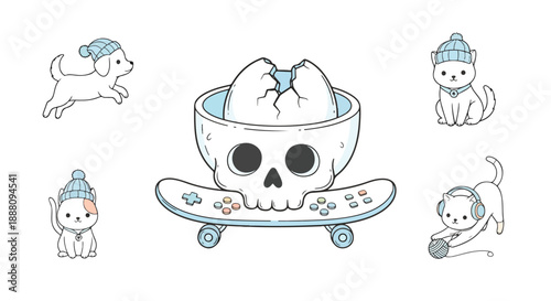 Cartoon animals and skull on skateboard with ice cream  fun illustration