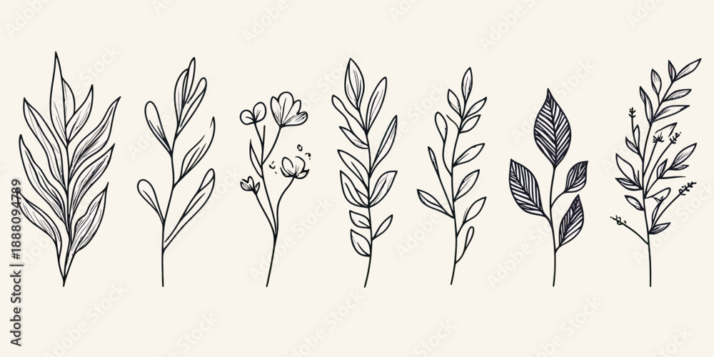 Obraz premium Hand drawn botanical line art set with various leaves and small flowers minimalist black ink sketch style isolated on light background vector illustration for natural design elements and decoration