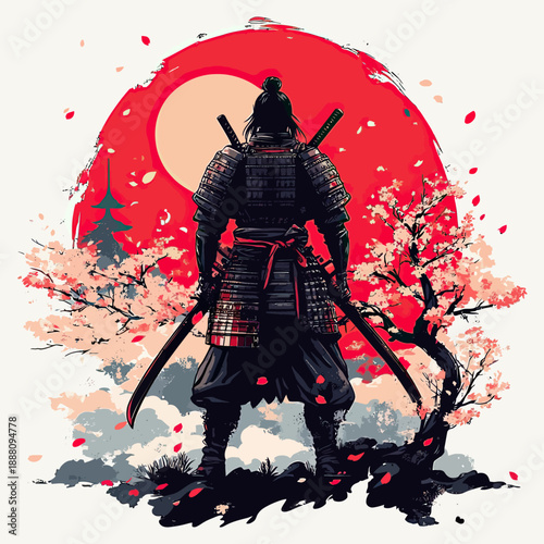 Samurai warrior in traditional armor standing under cherry blossom tree with red sun background Japanese medieval swordman silhouette vector illustration