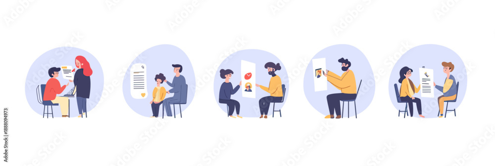 Fototapeta premium Team members engaged in various collaborative meetings and discussions using mobile devices and digital documents in flat minimalist style vector illustration