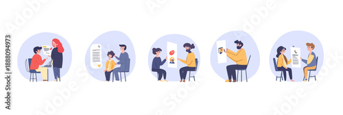 Team members engaged in various collaborative meetings and discussions using mobile devices and digital documents in flat minimalist style vector illustration