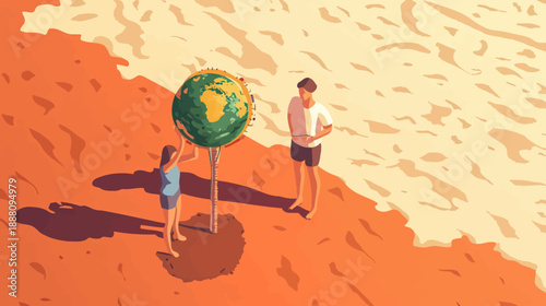 Isometric illustration of man and woman measuring planet Earth temperature with thermometer on dry cracked ground representing global warming climate change awareness concept