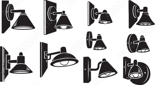 Collection of various wall mounted lamp illustrations in black