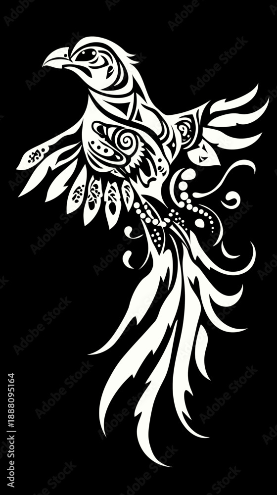 Fototapeta premium Stylized tribal bird illustration with intricate geometric patterns in black and white minimalist vector stencil art design for wildlife decor and tattoo concepts
