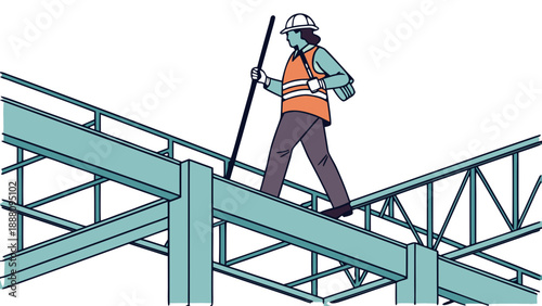 A female construction worker with a safety helmet and vest walks carefully across a high-elevation steel beam structure, holding a surveying GNSS pole