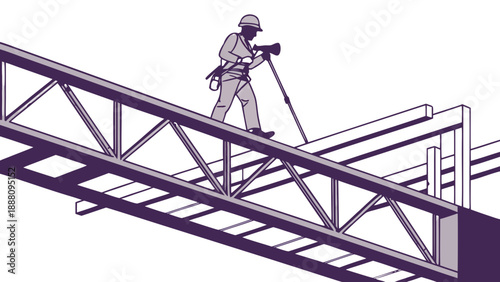 Construction worker wearing a hard hat and safety harness, walking across a steel beam while holding a GNSS/GPS pole
