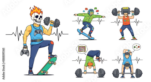 Cartoon illustration of various gamers working out with dumbbells and skateboards
