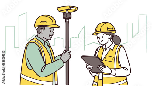 Two surveyors with GNNS pole equipment and tablet at urban construction site, An illustration of two surveyors, a man and a woman, wearing safety gear. 