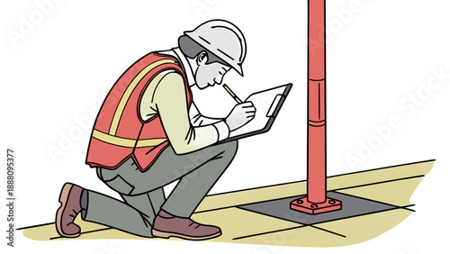 An illustration of a male surveyor kneeling on the ground, wearing a red safety vest and hard hat, writing notes on a clipboard with a pencil next to a GNSS pole