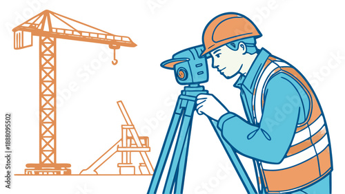 A blue and orange line art illustration of a male surveyor using a total station instrument, GNSS pole, with a large construction crane and building frame in the background