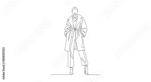 fashion illustration woman in a minimalist line art style wearing a chic belted trench coat with hands in pockets ideal for modern design and editorial content