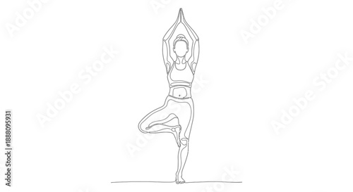woman doing yoga tree pose in a minimalist line art drawing for wellness fitness and meditation app or website illustration