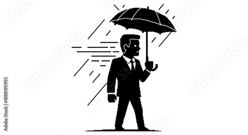 businessman walking in rain holding umbrella against strong wind symbolizing corporate resilience and protection amidst challenging adverse weather conditions