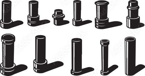 Illustration of various bolts and fasteners in black and white