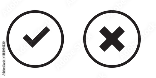 Right and wrong vector icon set rounded color black outline, flat rounded check mark, cross, x mark, circle shape thin line tick mark symbol. Approval and rejection signs isolated on white background