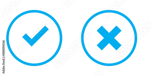 Right and wrong vector icon set rounded color black outline, flat rounded check mark, cross, x mark, circle shape thin line tick mark symbol. Approval and rejection signs isolated on white background